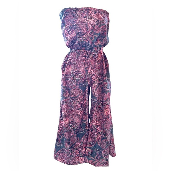 Elan Pink Purple Paisley Strapless Cropped Wide Leg Jumpsuit Size S - Picture 1 of 8